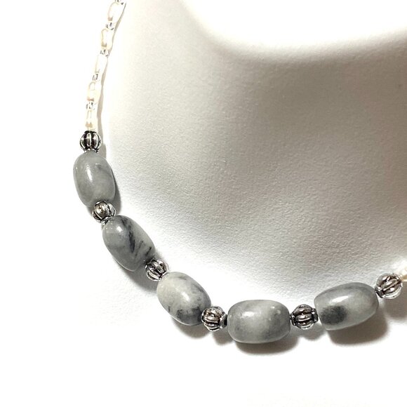 Genuine Grey Anhydrite & White Freshwater Pearl Choker, Beaded Natural Gemstones - Picture 1 of 13